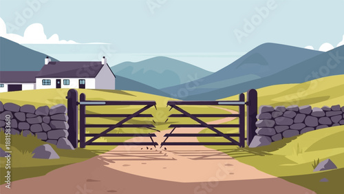 Rustic farm entrance with broken gate and stone walls leads to rolling hills