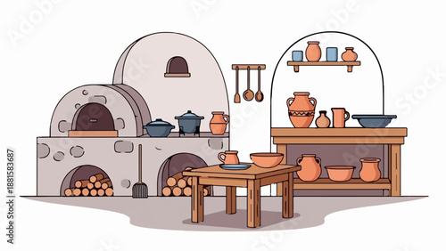 Rustic kitchen with clay pots, oven, and rustic table