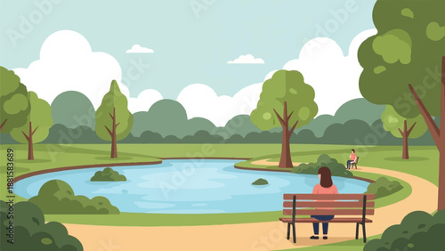 Serene park scene with people relaxing by a tranquil lake and trees
