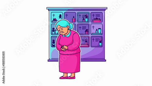 Sad elderly woman in pink dress mourns at a columbarium