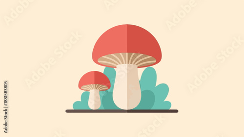 Simple flat design illustration of two red-capped mushrooms in a minimalist style