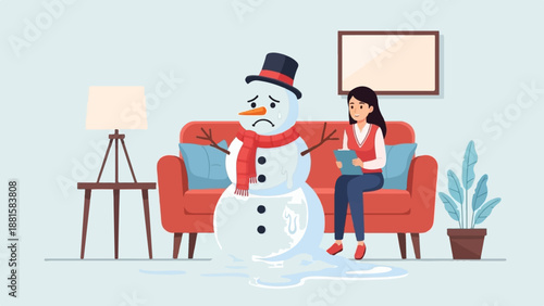 Sad melting snowman on couch with therapist holding clipboard