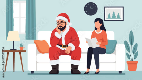 Sad Santa and woman reading on sofa in cozy room