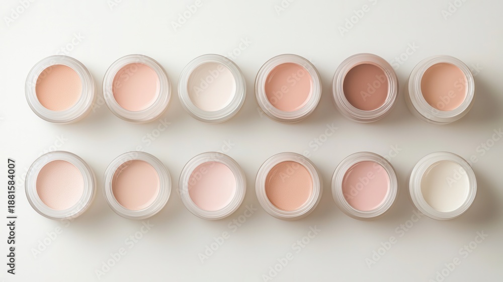 Obraz premium Cosmetic foundation jars displaying diverse skin tone shades for and inclusivity concepts beauty