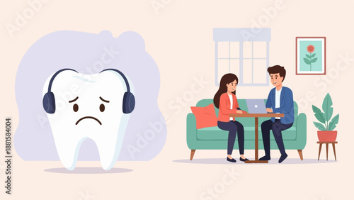 Sad tooth with headphones next to people on sofa discussing with laptop