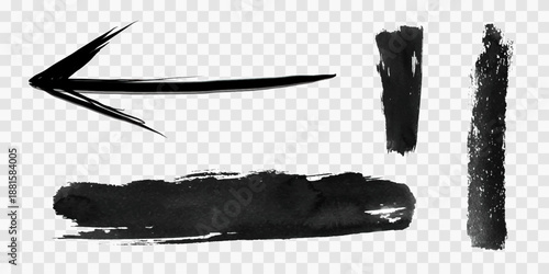Black brush stroke. Hand drawn ink spot isolated on transparent background. Arrow vector icons set.