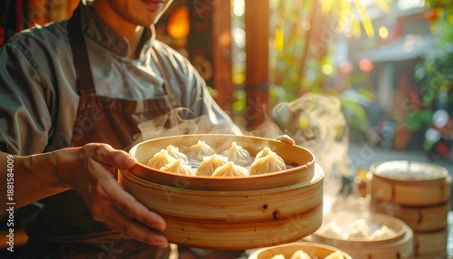 Person serving hot steamed dumplings in a traditional bamboo street restaurant; delicious tasty food, concept without visible face