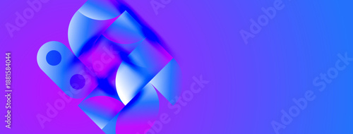 Abstract shapes blend vibrant purple, blue hues. Modern design evokes fluidity, energy, digital aesthetic. Smooth gradients create depth.