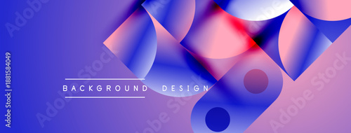 Abstract geometric shapes overlap, creating vibrant blue, pink gradients. Text reads background design centered below forms. Modern aesthetic.