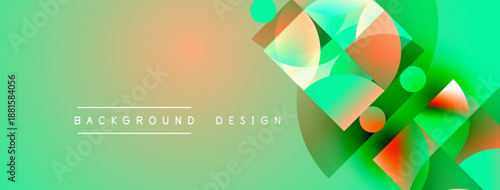 Abstract geometric shapes overlap, creating vibrant gradients. Green dominates background, orange accents add contrast. Modern design element.