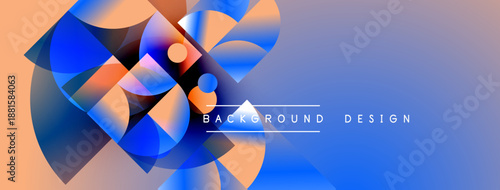 Abstract geometric shapes blend vibrant blues, oranges, purples. Gradient background creates dynamic visual effect. Text reads background design.