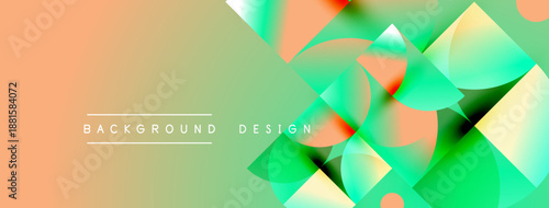 Abstract geometric shapes overlap, creating vibrant color gradients. Peach, green, blue hues blend seamlessly. Modern design element.