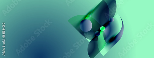 Abstract composition featuring overlapping translucent spheres, curves. Teal, blue hues dominate design, creating dynamic visual effect.