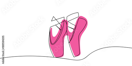 Continuous, colored line art of ballet shoes. outline minimalist vector illustration Editable stroke.