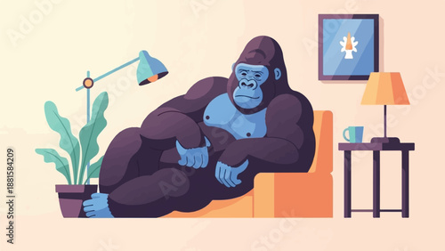 Relaxed gorilla lounging on a sofa in a room with a lamp, plant and framed art