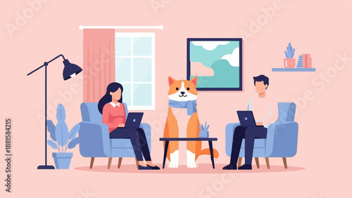 Relaxed individuals and dog working remotely on laptops indoors