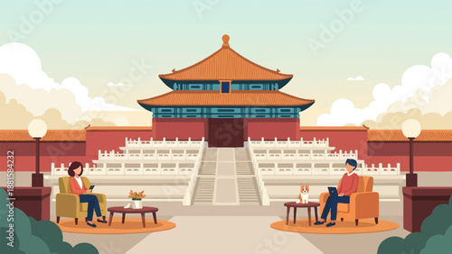 Relaxing at ancient palace with smart devices and a dog