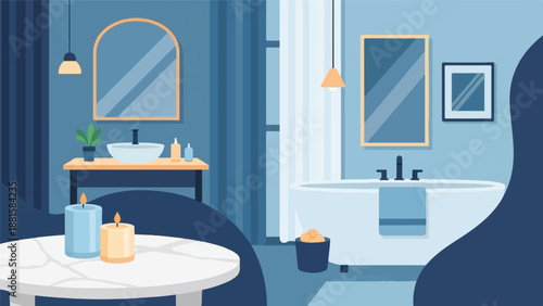 Relaxing bathroom scene with a tub, sink, and candles