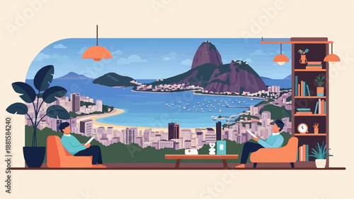 Relaxing indoors with a city and ocean view