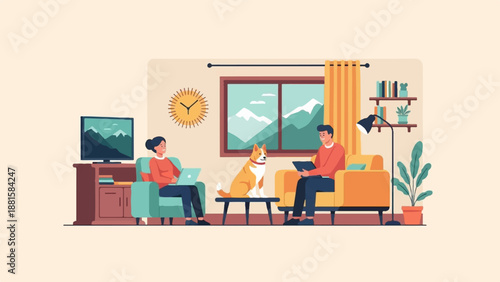 Relaxed scene of two people and a dog at home, near a window