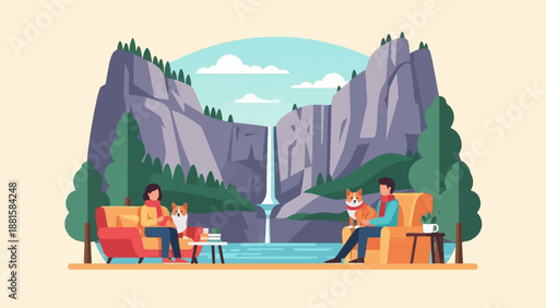 Relaxing by a waterfall with canine companions and comfy seating