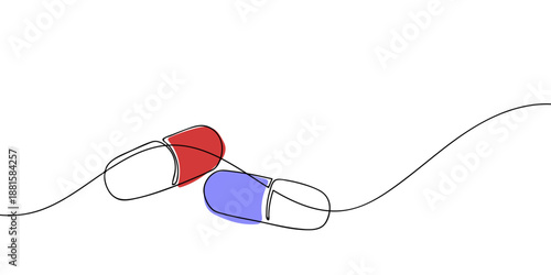Continuous line art of colored pill capsules. outline minimalist vector illustration Editable stroke.