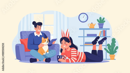 Relaxing indoors a couple enjoys leisure time with their dog and a tablet