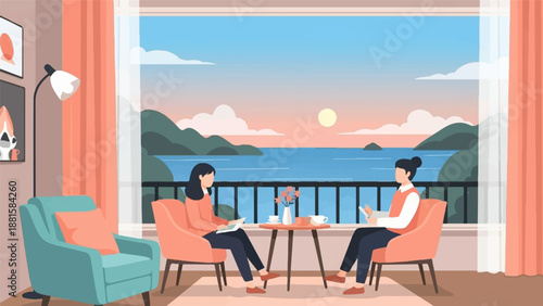 Relaxing by the water at sunset with coffee and books