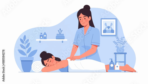 Relaxing massage session in a serene spa setting with plants and bottles