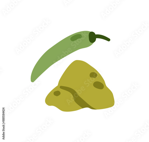 Chili pepper spice. Hot spicy seasoning, green chilli, fresh vegetable and dry powder heap. Dried condiment, pungent flavor, natural ingredient. Flat vector illustration isolated on white background