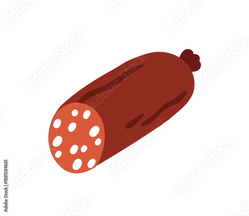 Salami sausage. Meat product. Cut piece, cured smoked pork and beef charcuterie, cross-section slice with fat and lard. Butchery snack. Flat vector illustration isolated on white background