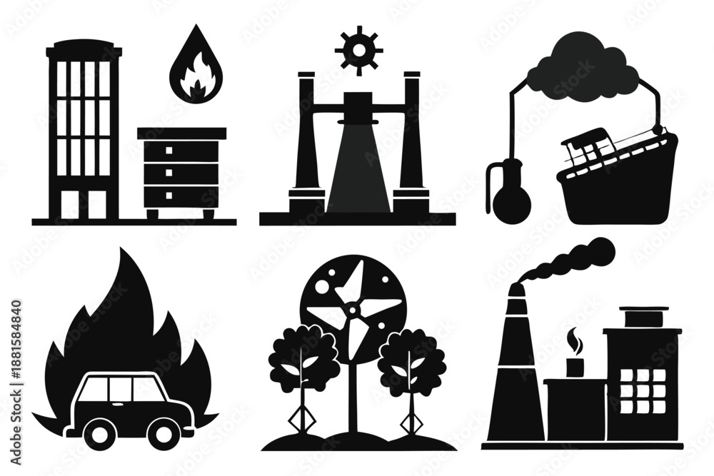 Naklejka premium set of pollution silhouette line art vector illustration