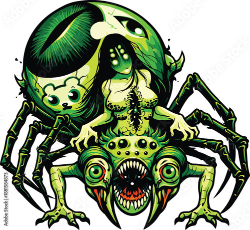 Mutant spider monster mascot vector with horror alien creature design, creepy fantasy illustration for gaming logo, dark mascot branding, t-shirt design, tattoo art, and poster print