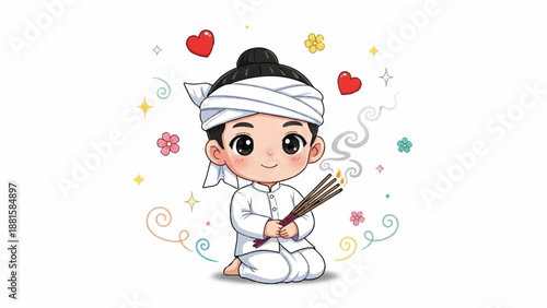 Cute boy in traditional white attire kneeling with incense sticks.