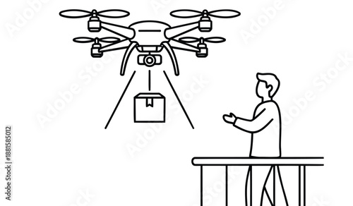 Man operating drone with camera and bag attachment in air remote control in hand on table