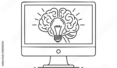 Computer monitor displays brain with creative lightbulb moment on screen symbolizing innovation and idea generation in business and technology