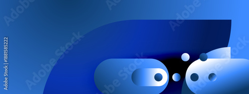 Abstract blue shapes overlap, creating dynamic composition. Smooth gradients suggest depth, light interplay. Minimalist design evokes technology, innovation.
