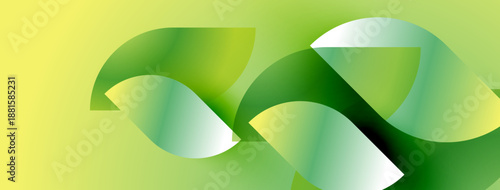 Abstract green shapes overlap, creating flowing design. Light reflects off curves, suggesting movement, freshness. Soft gradients dominate composition.