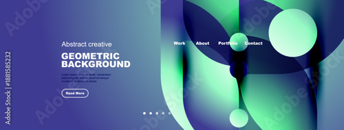 Modern website design features abstract geometric shapes, vibrant colors, navigation menu. Clean layout promotes visual appeal, user experience.