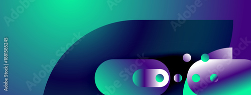 Abstract gradients, vibrant teal, purple hues create dynamic composition. Circles, shapes suggest movement, depth. Modern design.