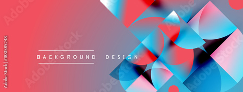 Abstract geometric shapes overlap, creating vibrant color gradients. Red, pink, blue hues dominate composition. Modern design element.