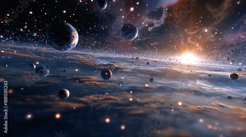 Countless Spheres in a Majestic Cosmic Scene with a Glorious Sunrise