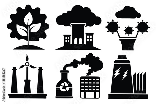 set of pollution silhouette line art vector illustration