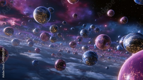 Countless Spheres Floating in a Cosmic Landscape with Brilliant Colors