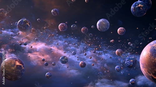 Countless Spheres Floating in a Breathtaking Ultra-Photorealistic Cosmic Scene