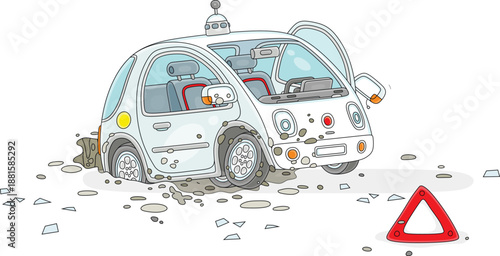 Cute small driverless electric car hit in a giant pothole in a road, vector cartoon illustrations isolated on a white background