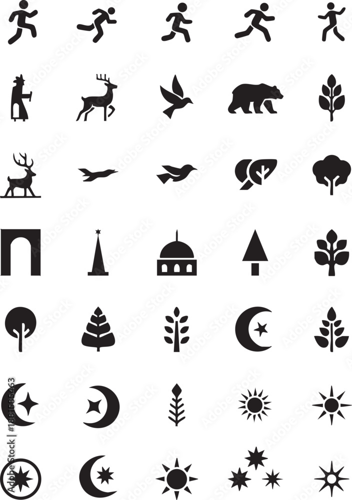Fototapeta premium Collection of black animal and nature icons in simple flat design with bold shapes and white background for web and mobile application