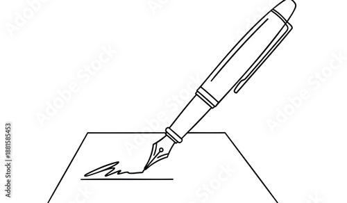 Fountain pen signing document on paper with elegant line art style and minimalist background