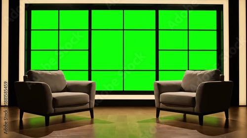 Large Modern Window Panes or Glass Wall Green Screen Chroma Key