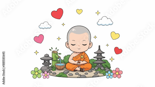 Cute cartoon monk meditating peacefully in a zen garden setting.